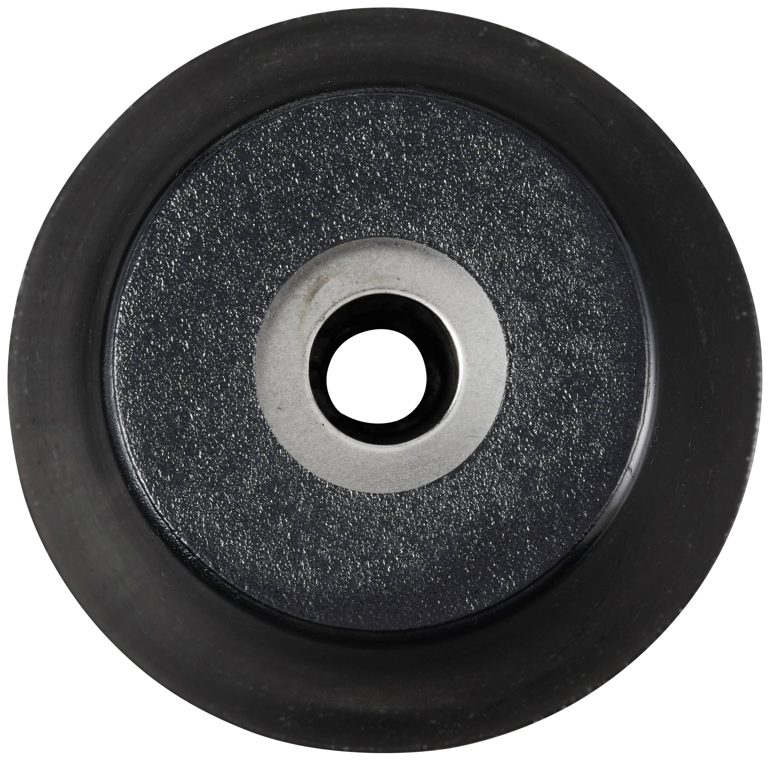 Illustration d'une roue noire avec une jante argentée et un trou central, typiquement utilisée pour des roulettes de meubles.