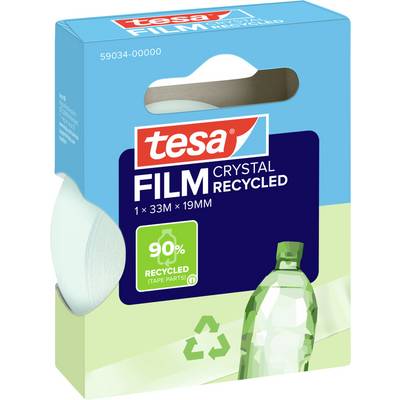 Un paquet de « tesa Film Crystal Recycled », présentant un rouleau de ruban recyclé de 33m x 19mm, avec une teneur en matériau recyclé de 90%, accompagné d'une icône de bouteille.