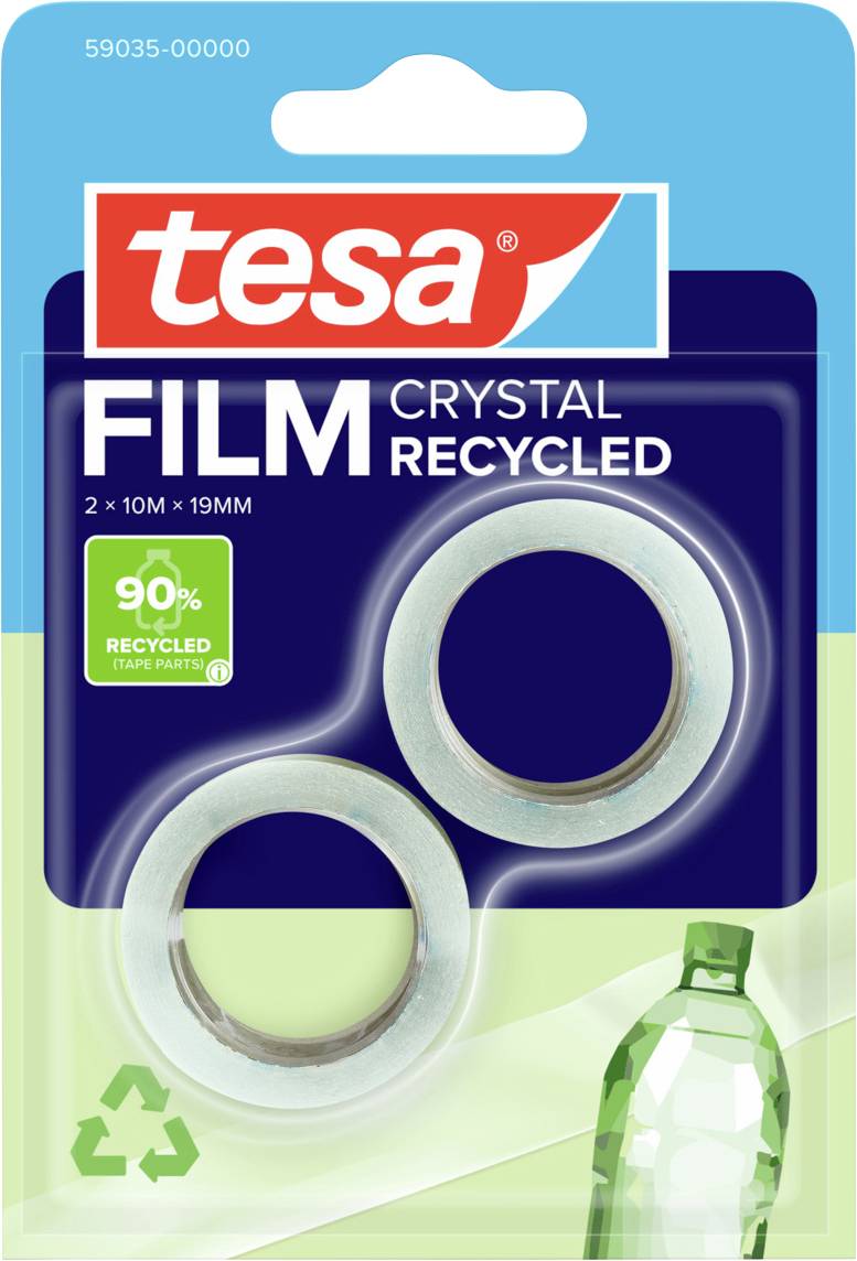 Emballage de marque « Tesa » pour ruban adhésif en film cristal recyclé. Deux rouleaux, 90% de pièces recyclées. Comprend des symboles de recyclage et une image de bouteille en plastique.