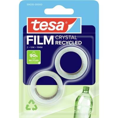 Emballage de marque « Tesa » pour ruban adhésif en film cristal recyclé. Deux rouleaux, 90% de pièces recyclées. Comprend des symboles de recyclage et une image de bouteille en plastique.