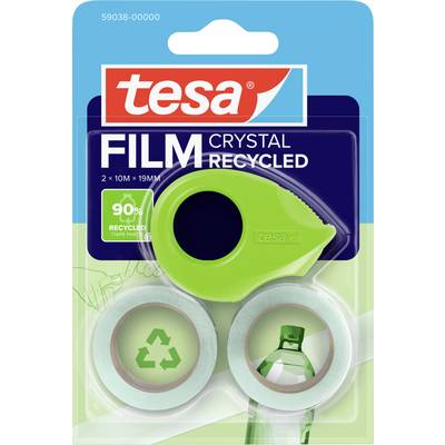'Paquet de tesa FILM Crystal Recycled, comprenant un dévidoir de ruban vert et deux rouleaux de ruban, mettant en avant 90% de matériau recyclé.'