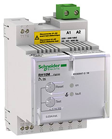 Un appareil électronique de Schneider Electric avec des voyants lumineux et un bouton de test. Inscription : « 230/240 VAC » et avertissements de sécurité.