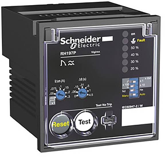 Relais de protection électrique de Schneider Electric, modèle RH197P. Présente des touches 'Réinitialisation' et 'Test', des LED d'indication de courant et de défaut.