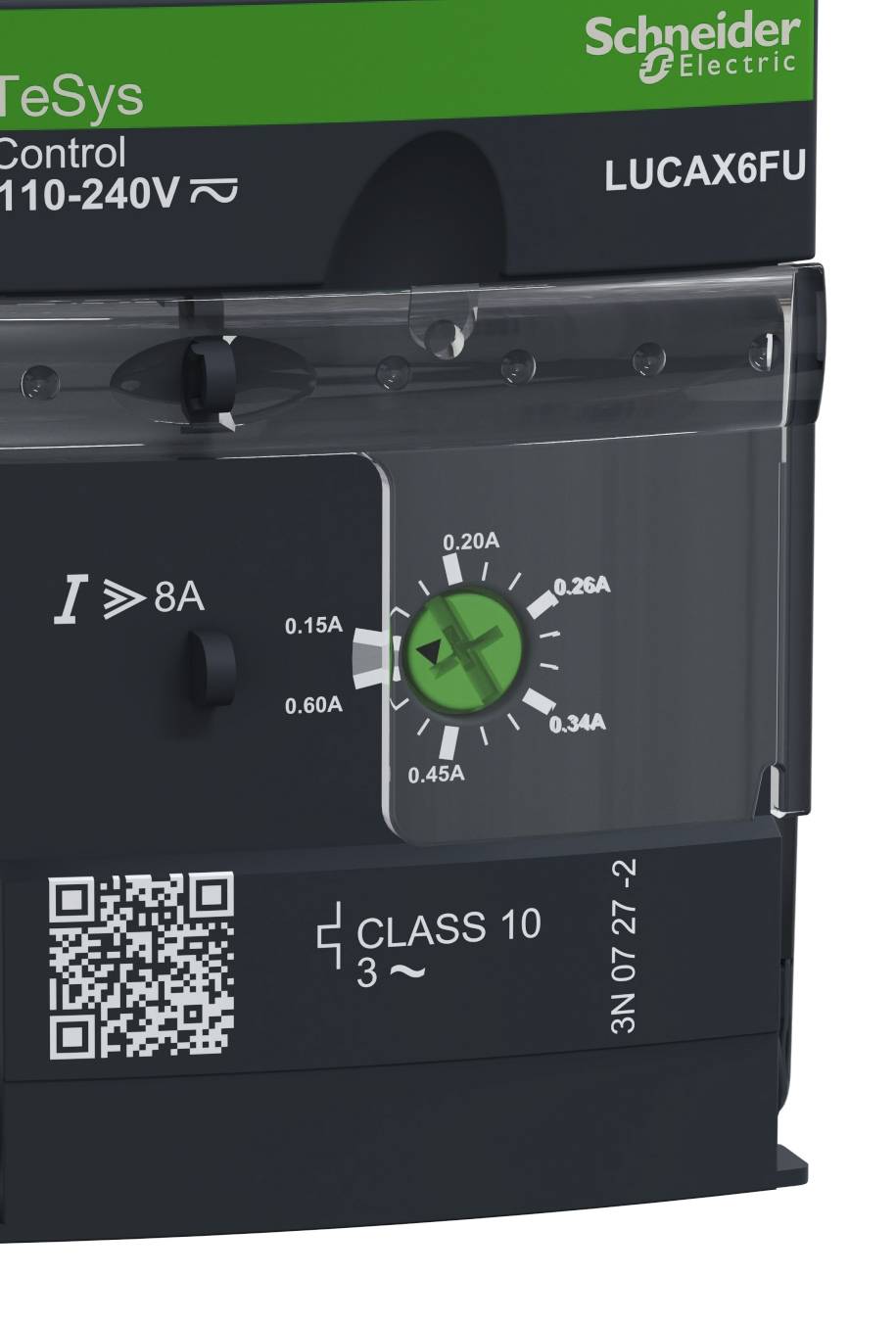 Disjoncteur de Schneider Electric avec molette verte de réglage de limitation de courant de 0,15 à 0,45 A et code QR intégré.