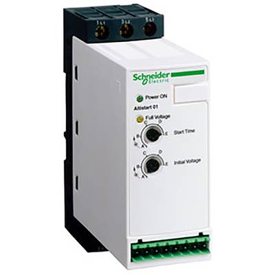 'Démarreur progressif Schneider Electric avec boutons rotatifs pour le réglage du temps de démarrage et de la tension initiale, avec indicateurs de fonctionnement et de tension.'