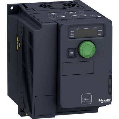 Variateur de fréquence 'Altivar Machine' de Schneider Electric dans un boîtier noir avec un bouton de commande vert et des éléments de commande.