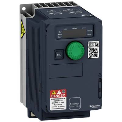 Variateur de fréquence Altivar Machine noir de Schneider Electric avec bouton vert et avertissement 'Danger : Choc électrique'.