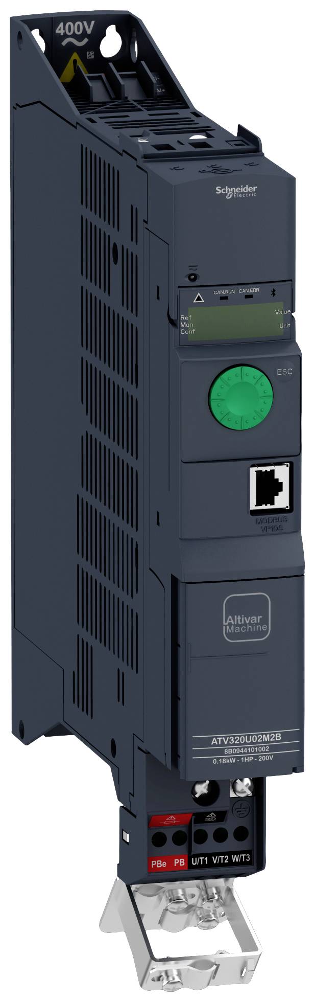 Un système d'entraînement électrique dans un boîtier noir avec un bouton vert et une connexion réseau sous un affichage.
