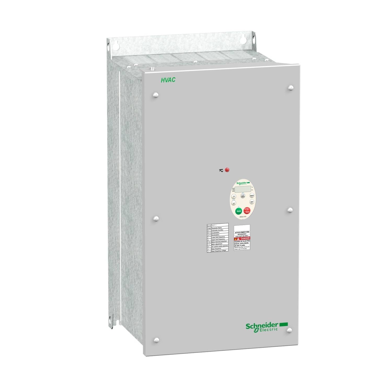 Un boîtier gris d'un variateur de fréquence de Schneider Electric avec un indicateur de contrôle et l'inscription verte 'HVAC' en haut.