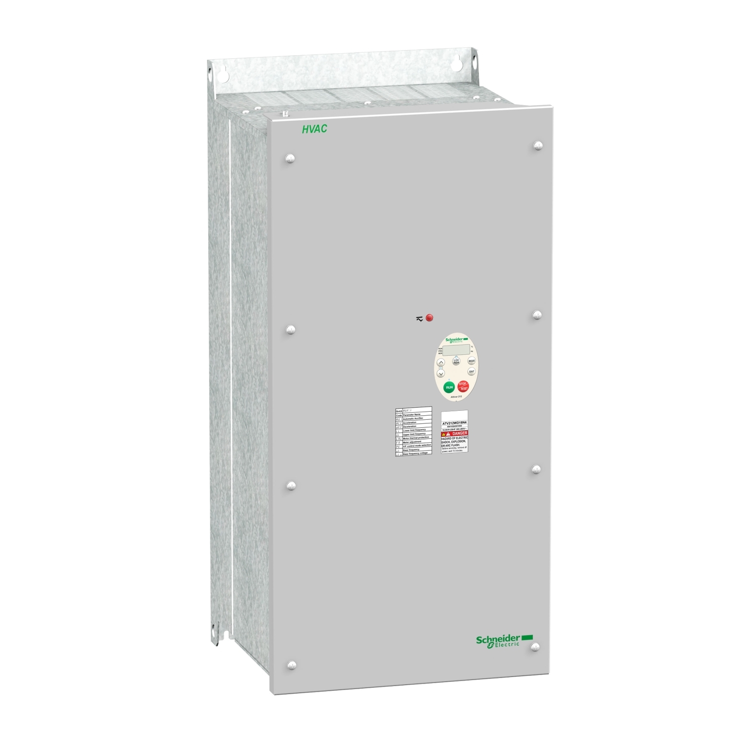 Une armoire électrique industrielle avec un boîtier métallique gris. Sur la face avant se trouvent un panneau de commande et un logo de marque.