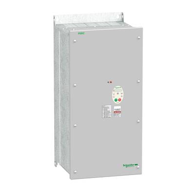 Une armoire électrique industrielle avec un boîtier métallique gris. Sur la face avant se trouvent un panneau de commande et un logo de marque.