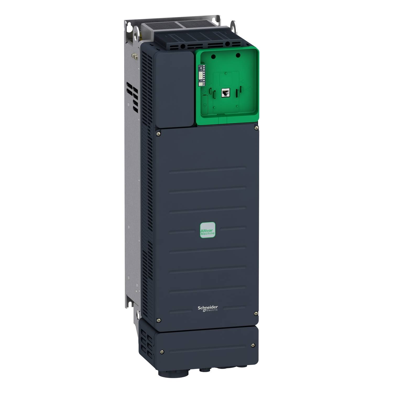 Un variateur de fréquence électrique avec un boîtier gris et des éléments verts, monté sur une plaque métallique, de Schneider Electric.