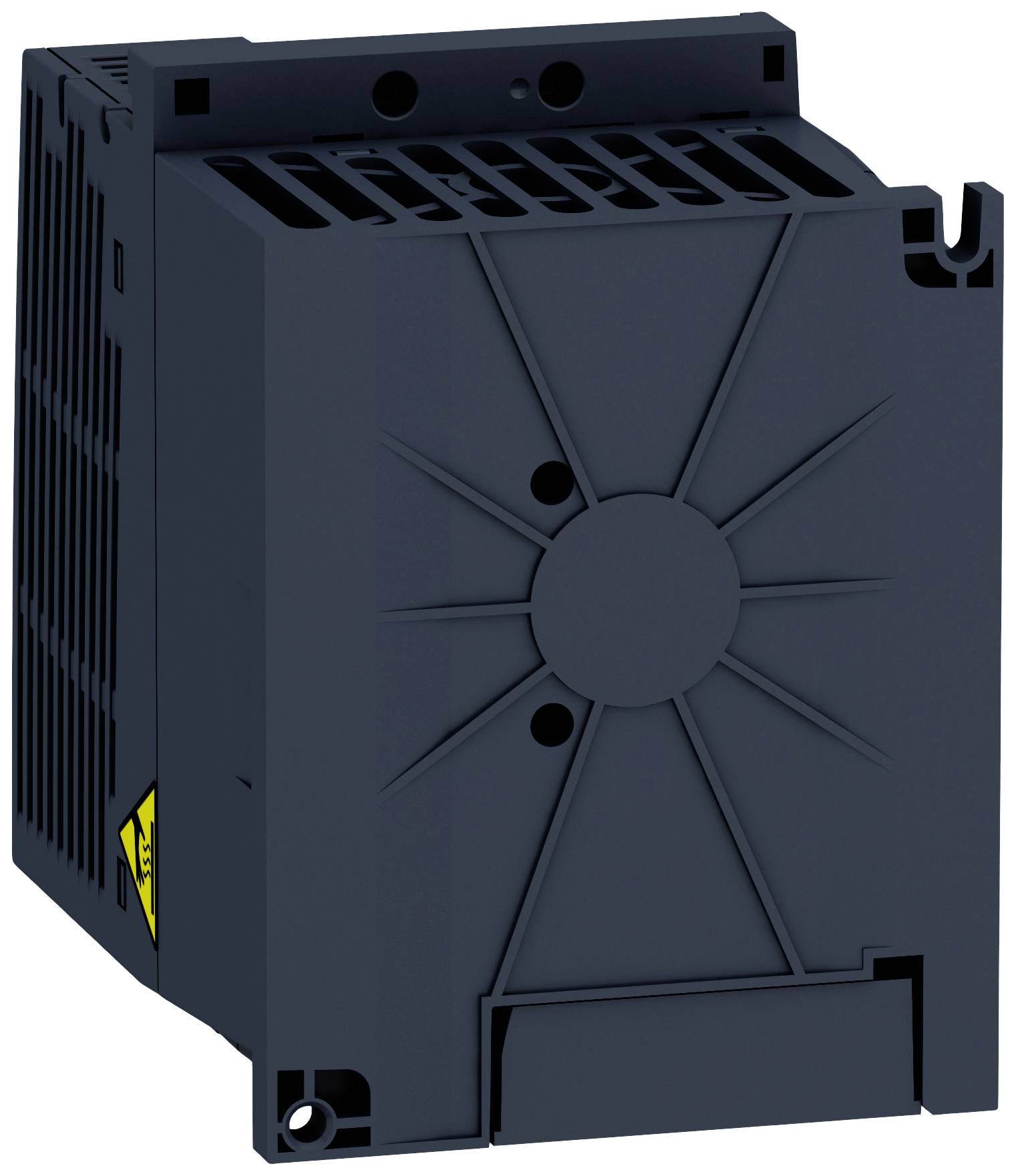 Un appareil électronique noir rectangulaire avec des fentes de ventilation et des connexions de câbles sur sa face inférieure.