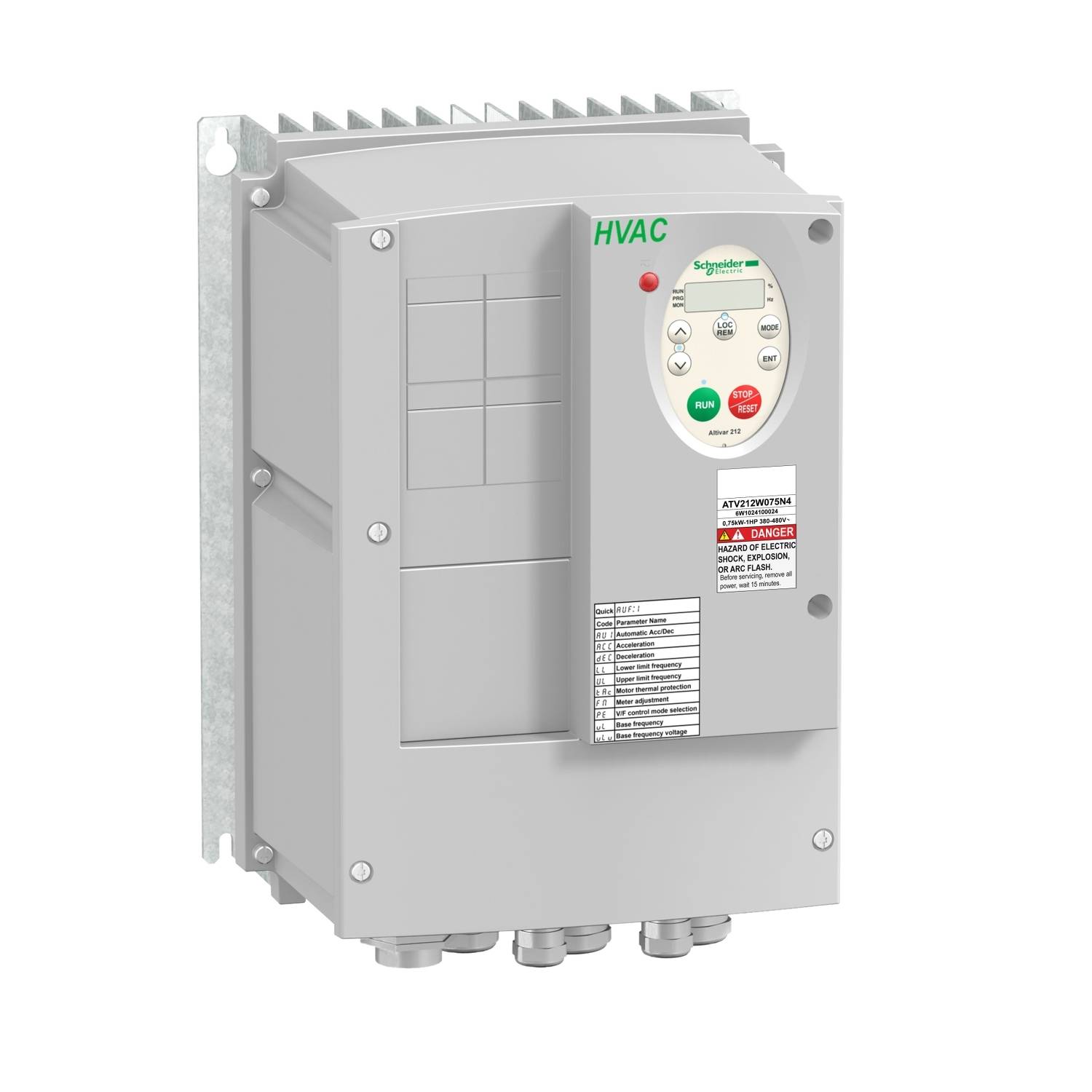 Un variateur de fréquence HVAC gris avec des touches de commande et un affichage numérique, monté sur un cadre métallique.