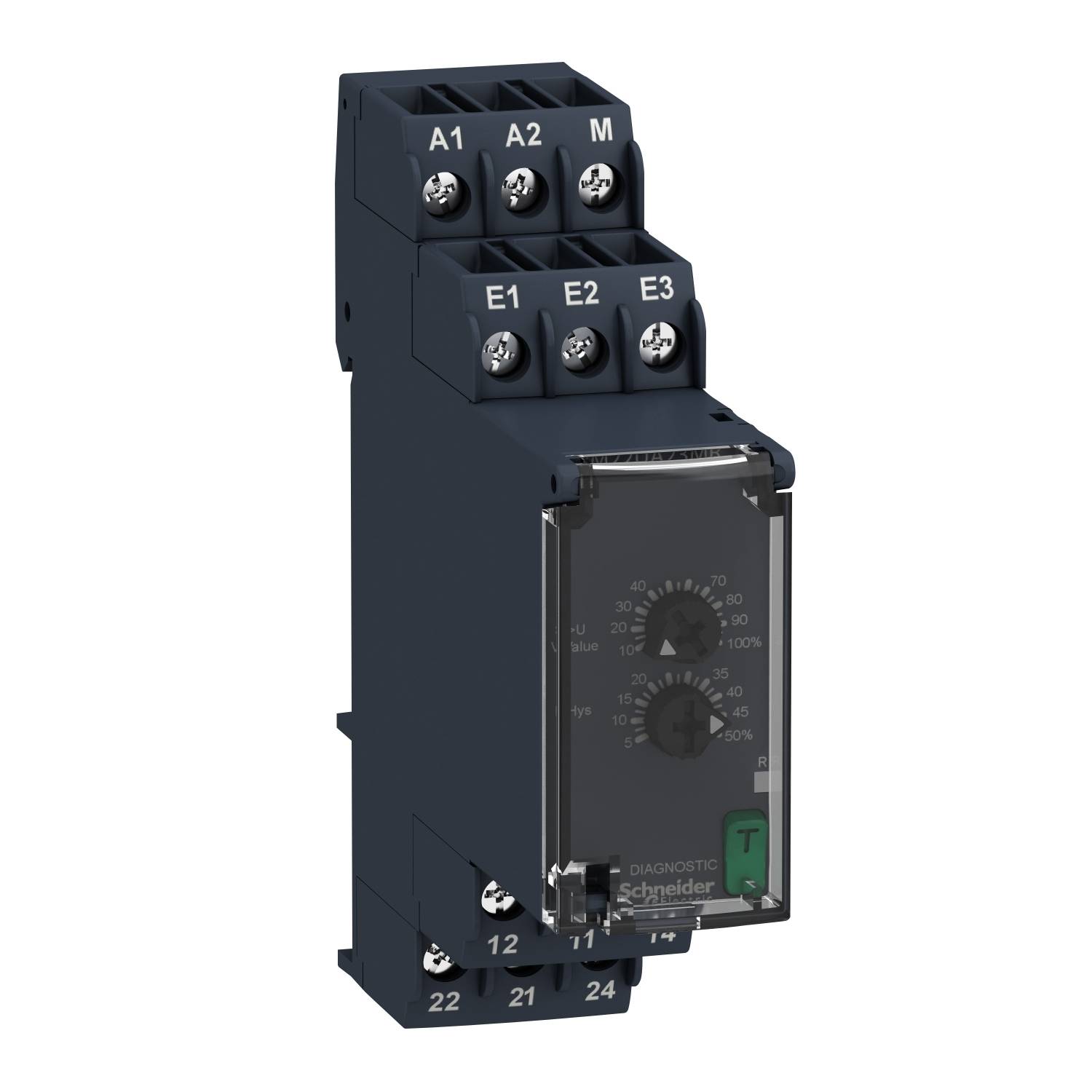 Relais électronique de Schneider Electric avec différentes connexions et un bouton rotatif sur le devant.