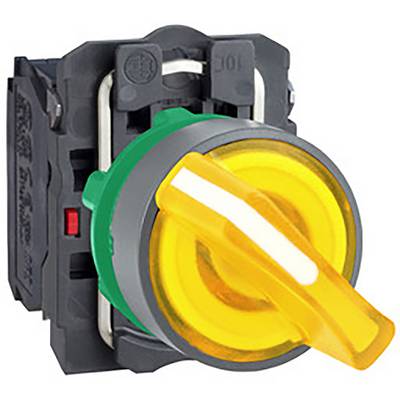 Un interrupteur jaune rotatif avec un bord vert sur un fond noir, couramment utilisé dans les commandes électriques.