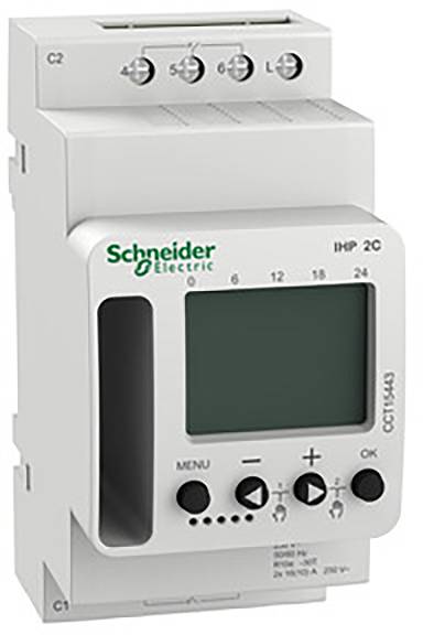 Une horloge programmable de Schneider Electric avec affichage numérique et commandes pour contrôler des appareils électriques.
