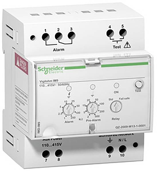 'Dispositif de protection et de surveillance Schneider Electric. Affiche les commandes d'alarme et de test avec réglage de tension. Utilisable pour 110–415V.'
