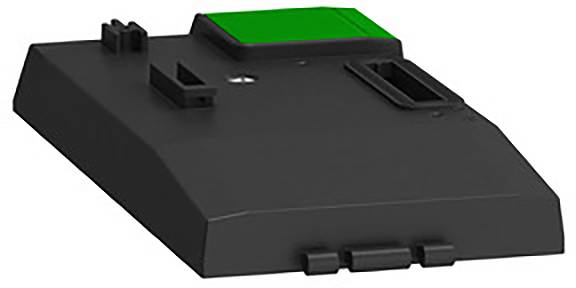 Boîtier en plastique noir avec zone verte. Il semble s'agir d'un dispositif technique, probablement un composant d'une machine plus importante.