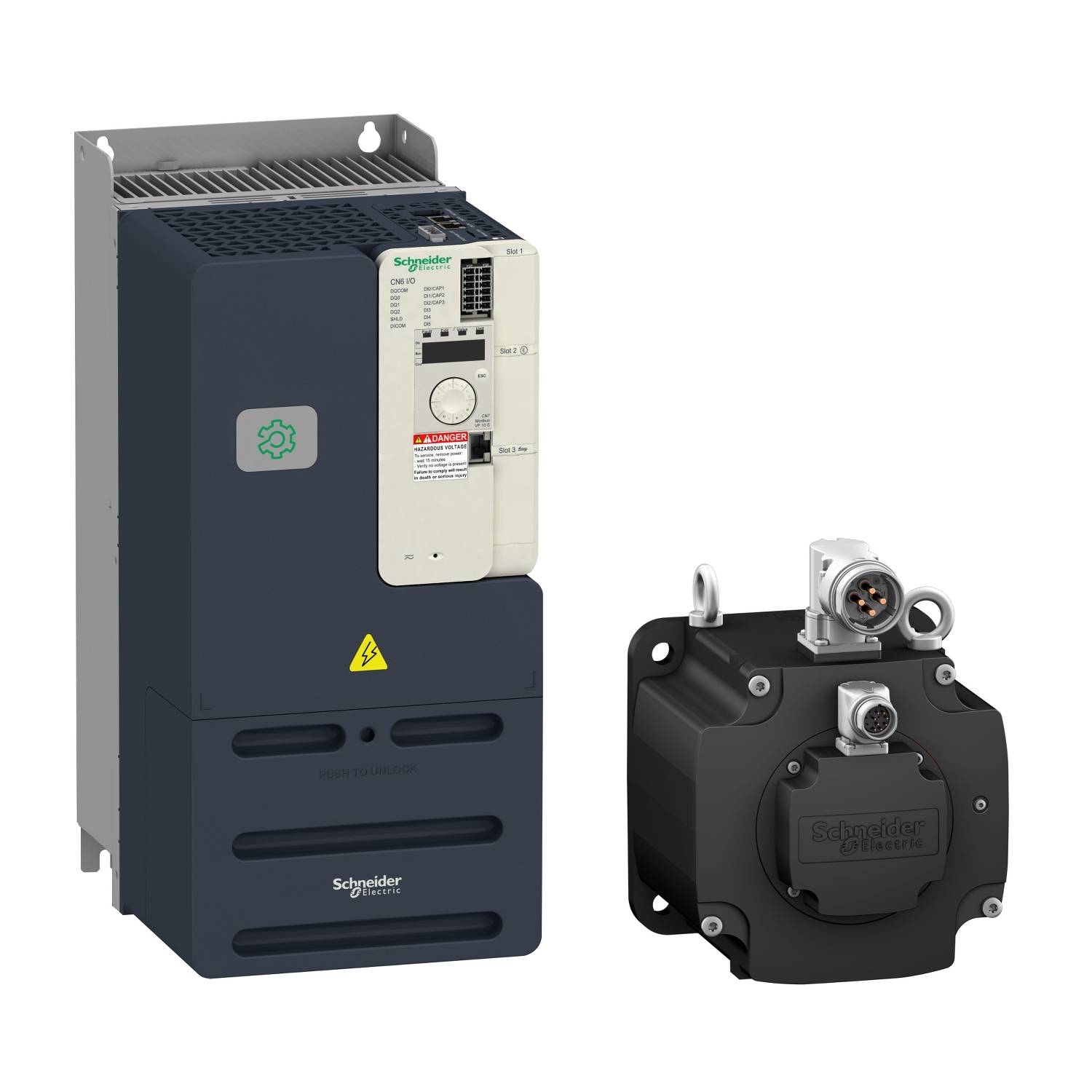 Variateur de fréquence et servomoteur 'Schneider Electric' dans un boîtier noir et gris, idéal pour des solutions d'entraînement industrielles.