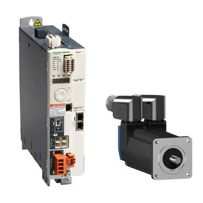 Un servo-entraînement et un servomoteur de Schneider Electric sont représentés, reliés par un câble. L'entraînement est à gauche, le moteur à droite.