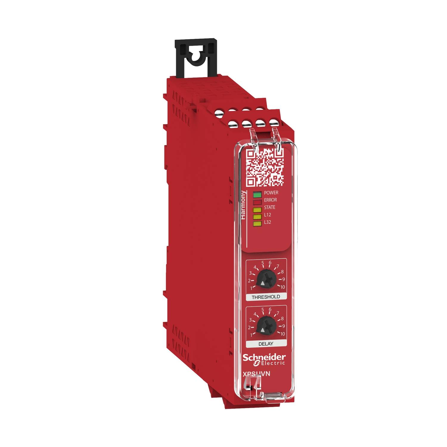 Un relais de sécurité rouge de Schneider Electric avec des réglages de seuil et de temporisation.