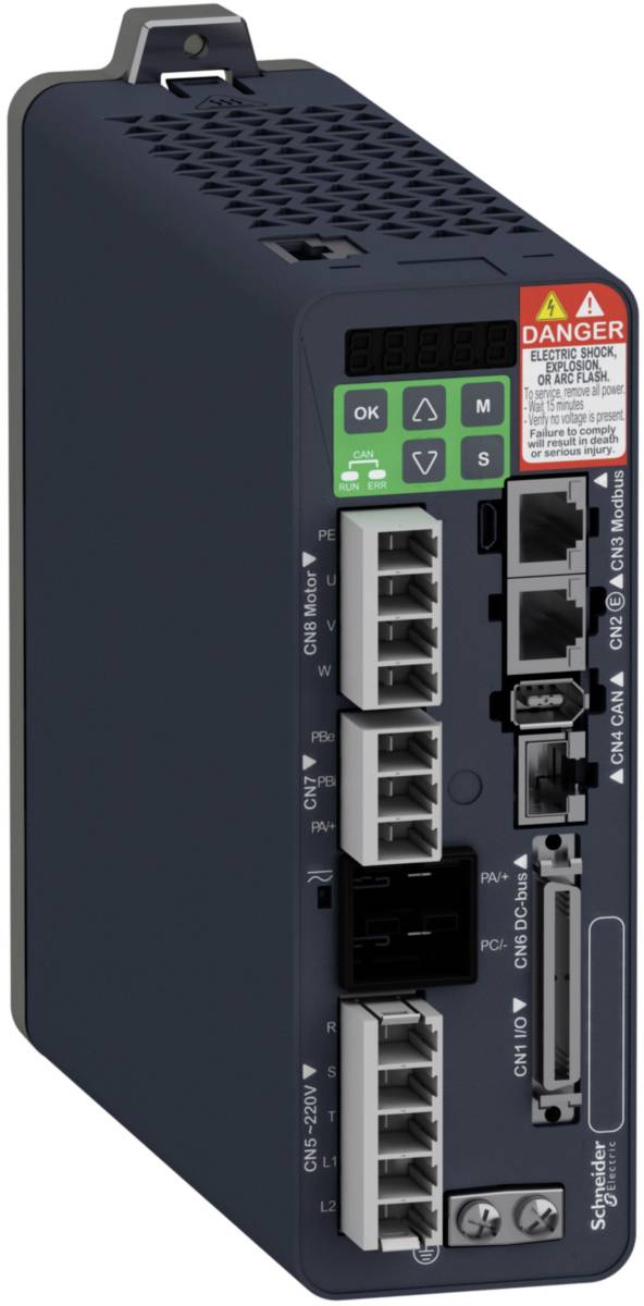 Un module électrique noir avec plusieurs emplacements et une étiquette contenant des avertissements. Développé par Schneider Electric.