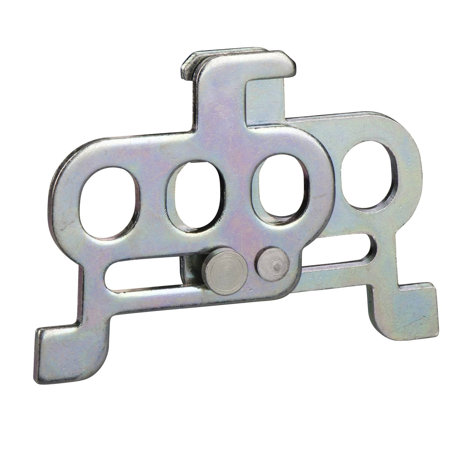 Pièce métallique de forme complexe avec des découpes rondes et rectangulaires. Elle semble faire partie d'un mécanisme ou d'un support.