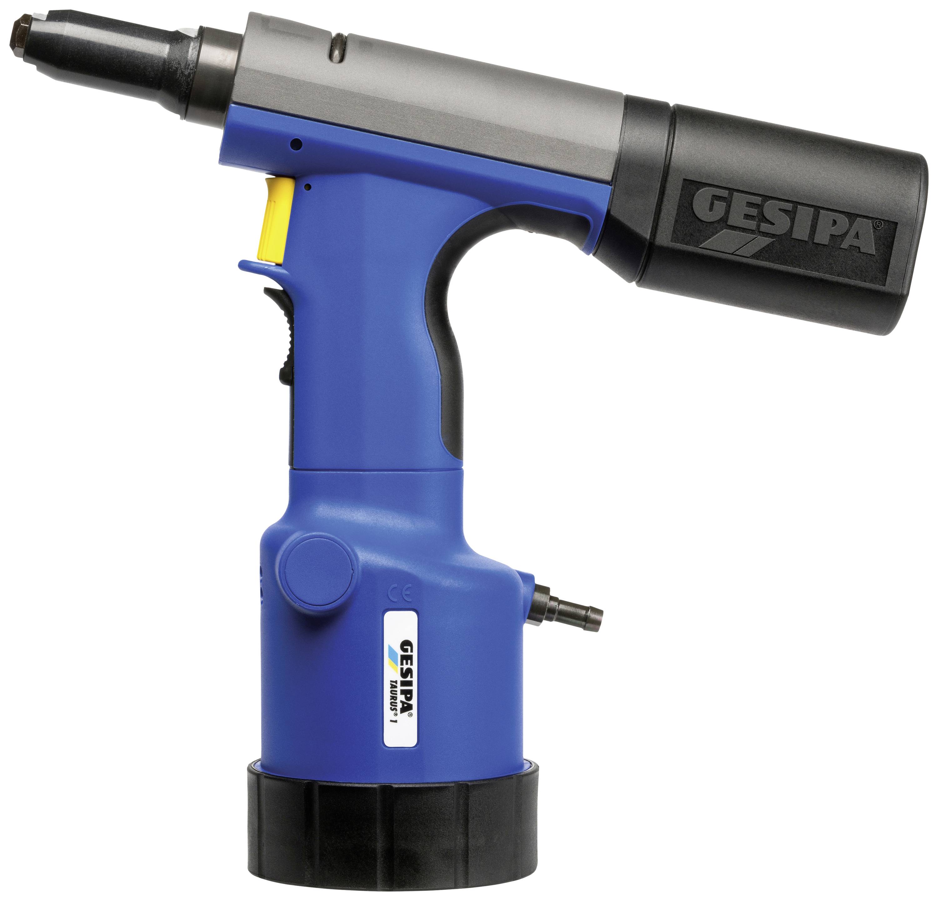 Pistolet de rivetage électrique bleu avec poignée et pointe noires, marque 'GESIPA'. Adapté pour des applications industrielles.