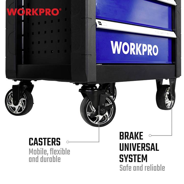 'WORKPRO' Chariot à outils sur roulettes. Inscriptions : 'ROULETTES : Mobile, flexible et durable' et 'SYSTÈME DE FREIN UNIVERSEL : Sûr et fiable'.