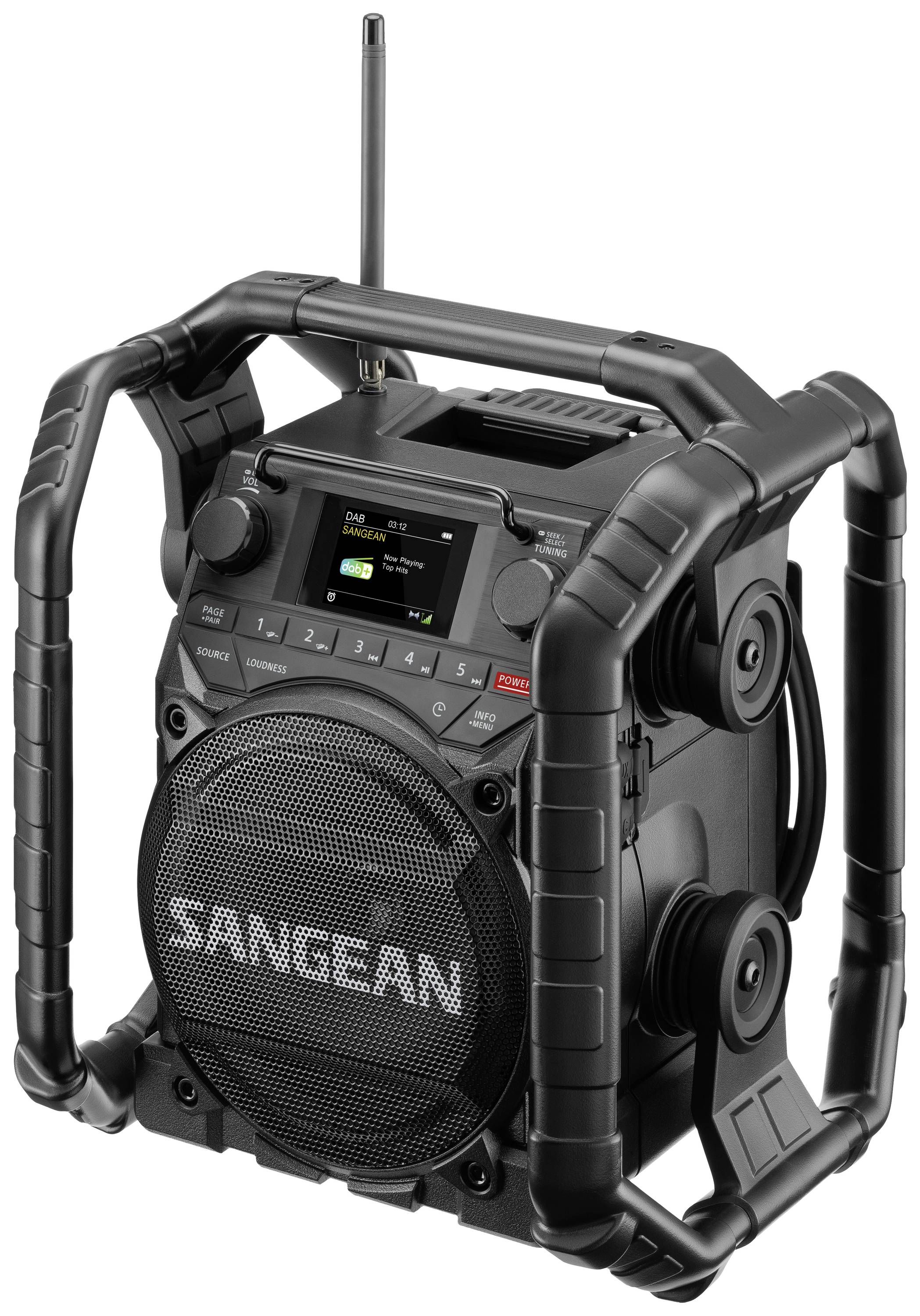 Radio portable noir avec indicateur de bande FM/AM et grand haut-parleur sur la face avant. Cadre de protection robuste et antenne en haut.