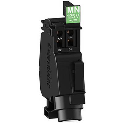 Composant modulaire noir de Schneider Electric avec étiquette verte 'MN 125V' en haut, deux bornes D1 et D2 visibles, orientation verticale.