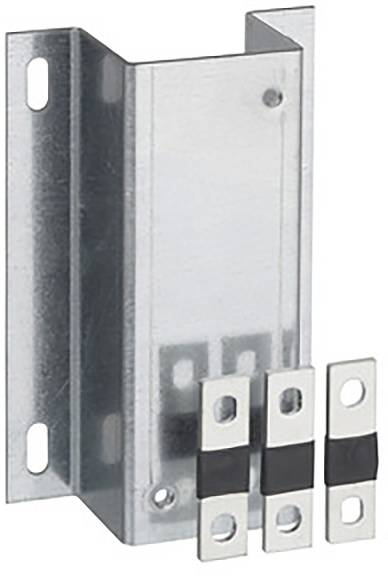 Rail métallique avec trous de vis, adapté pour fixer ou maintenir des composants. Trois petites pièces métalliques allongées à côté.