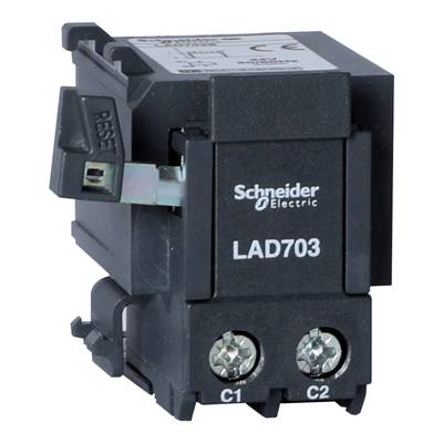 Module électrique noir et gris avec l'étiquette 'Schneider Electric LAD703'. Un bouton de réinitialisation est situé en haut. En bas se trouvent les connexions C1 et C2.