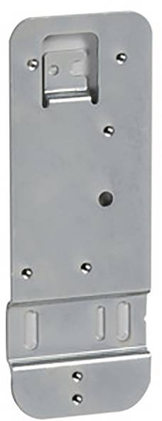 Plaque de support métallique avec plusieurs trous de fixation pour vis et découpe en haut, utilisée pour la fixation d'objets.