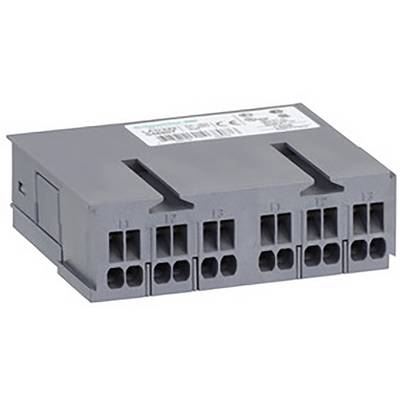 Un grand appareil de bloc de terminaux gris avec plusieurs bornes de connexion sur l'avant. En haut, une étiquette avec des spécifications techniques.
