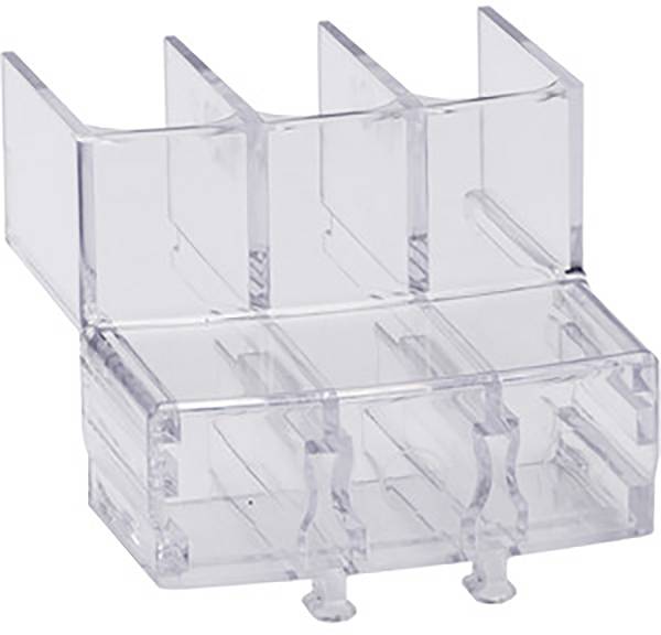 Un étagère rectangulaire transparente en plastique avec trois compartiments, conçue pour le rangement et l'organisation de petits objets.
