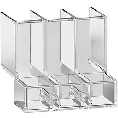 Étagère en acrylique transparent à trois niveaux, avec des compartiments verticaux individuels pour le rangement de documents ou de courriers.