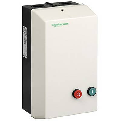 Un boîtier de commutation rectangulaire avec deux boutons colorés : Rouge pour 'Arrêt', Vert pour 'Marche'. Logo de la marque en haut à gauche.