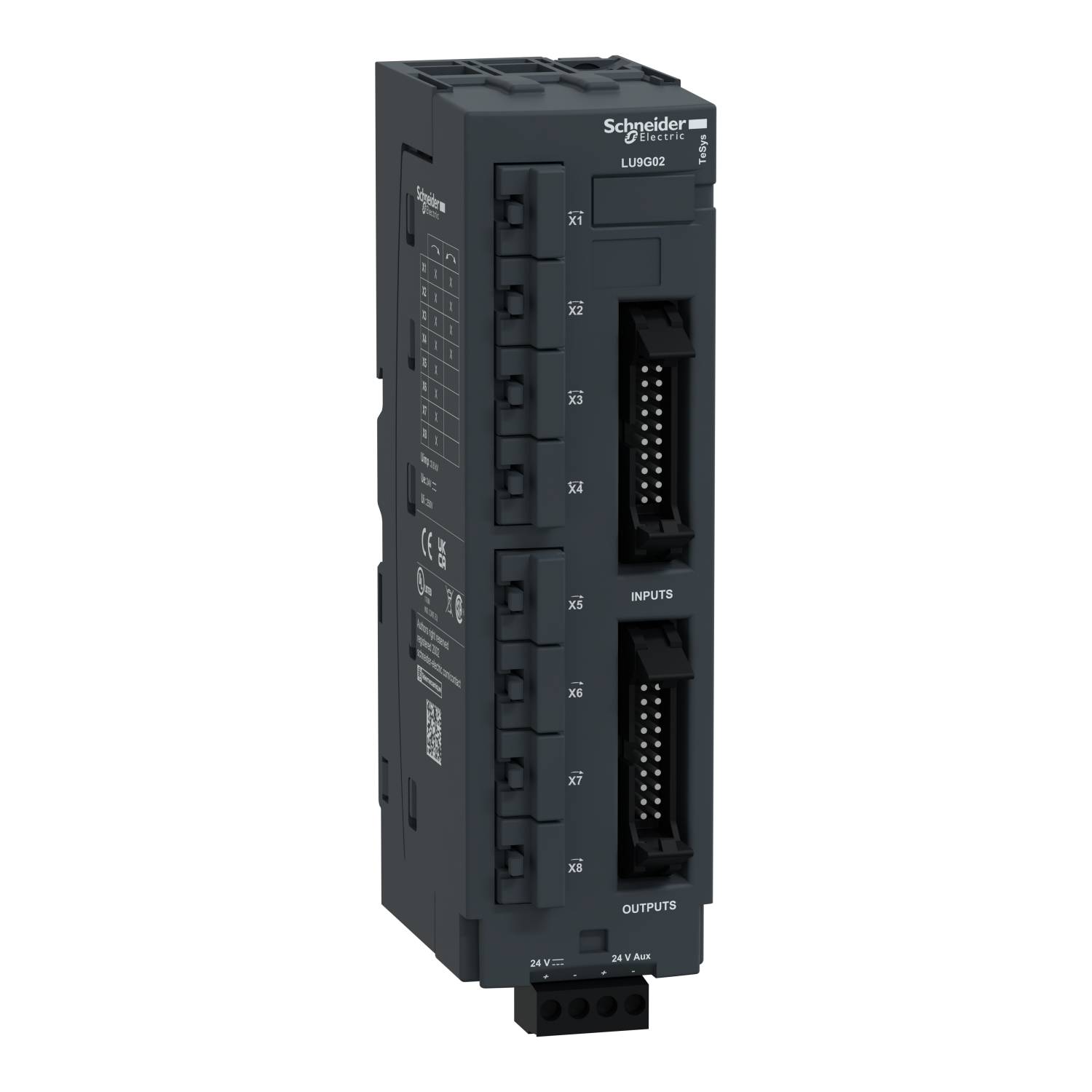 Un appareil Schneider Electric, désigné comme 'LUFG22', présente plusieurs connexions pour les entrées et les sorties sur sa façade.