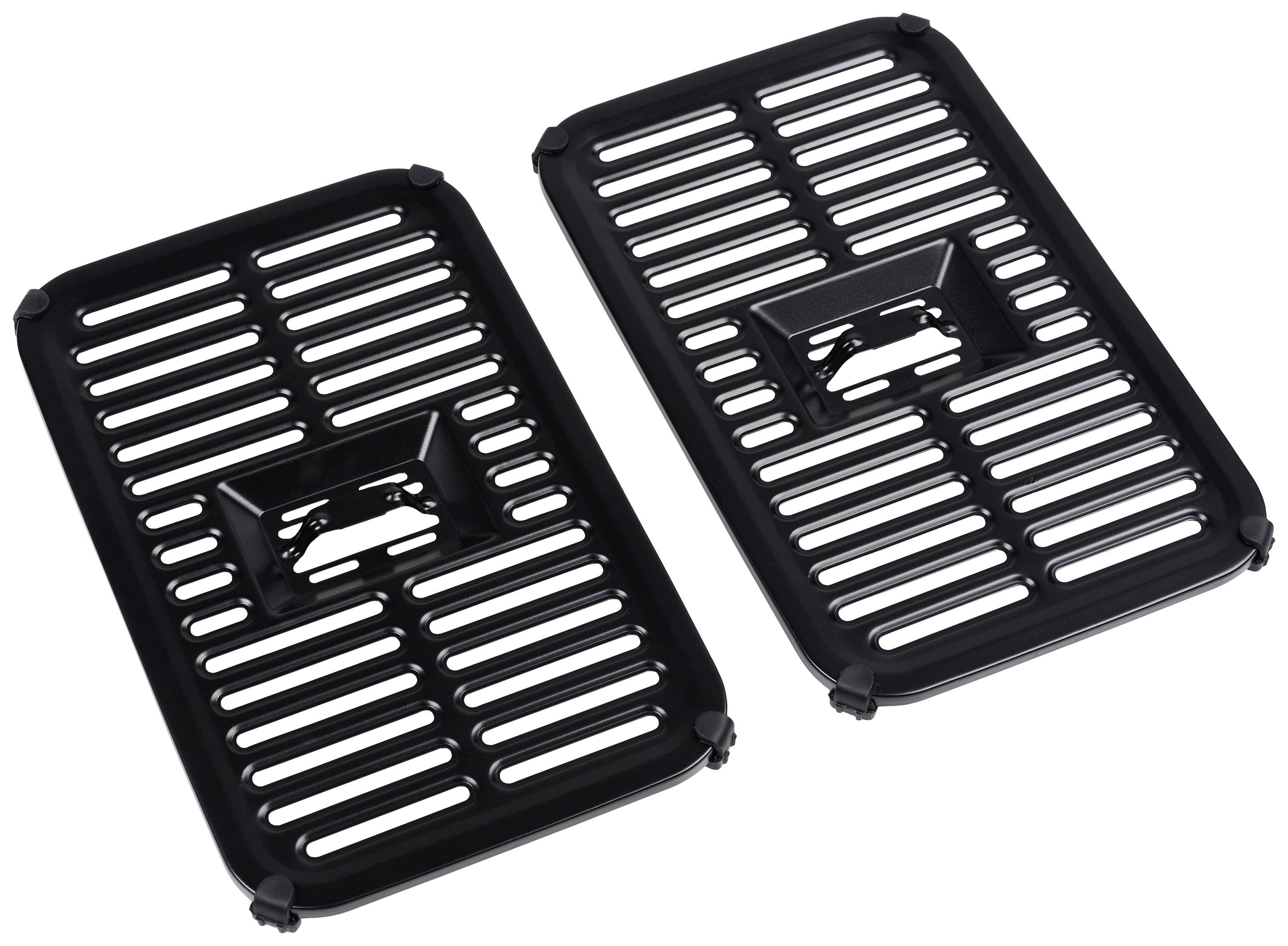 Deux grilles noires en tant que protections pour des enceintes rondes ; rectangulaires avec un motif de nervures et une zone centrale surélevée.