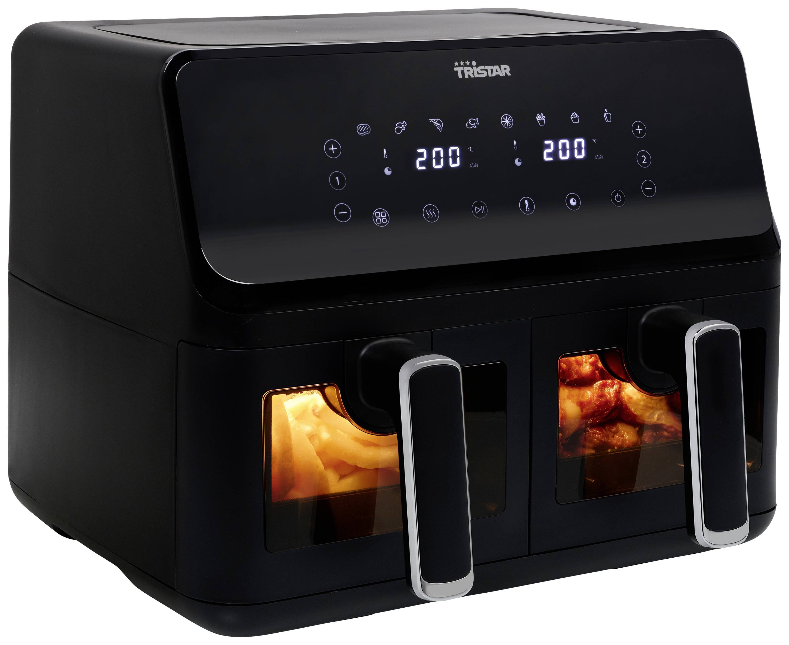 Friteuse à air chaud noir avec affichage numérique et deux compartiments. Le réglage de température indique 200 degrés.