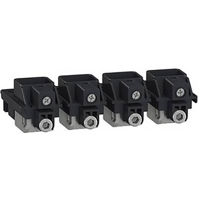 Quatre composants électriques noirs avec des vis métalliques alignés sur un fond blanc.