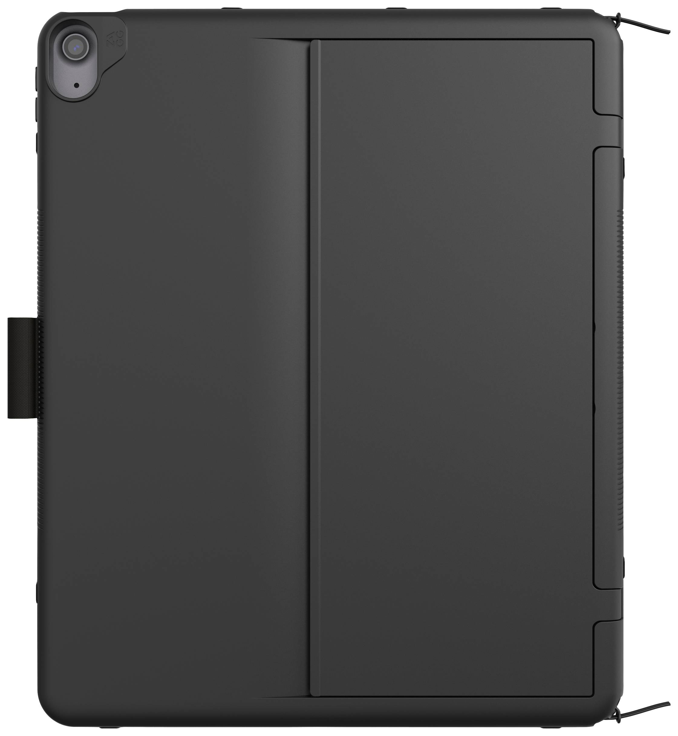 Tablette noire dans son étui, vue arrière montrant l'découpe de la caméra et la fente du support, conçue de manière minimaliste et fonctionnelle.