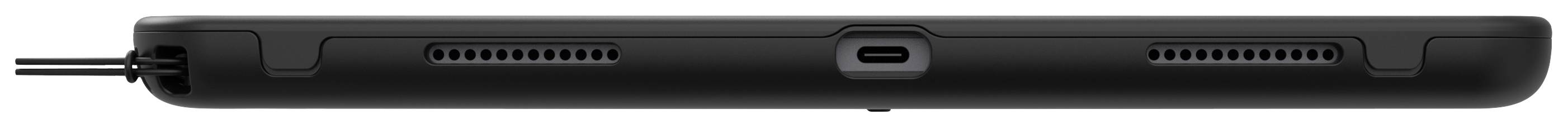 Manette de jeu noire vue de dos, avec port USB-C au centre et câble à gauche.