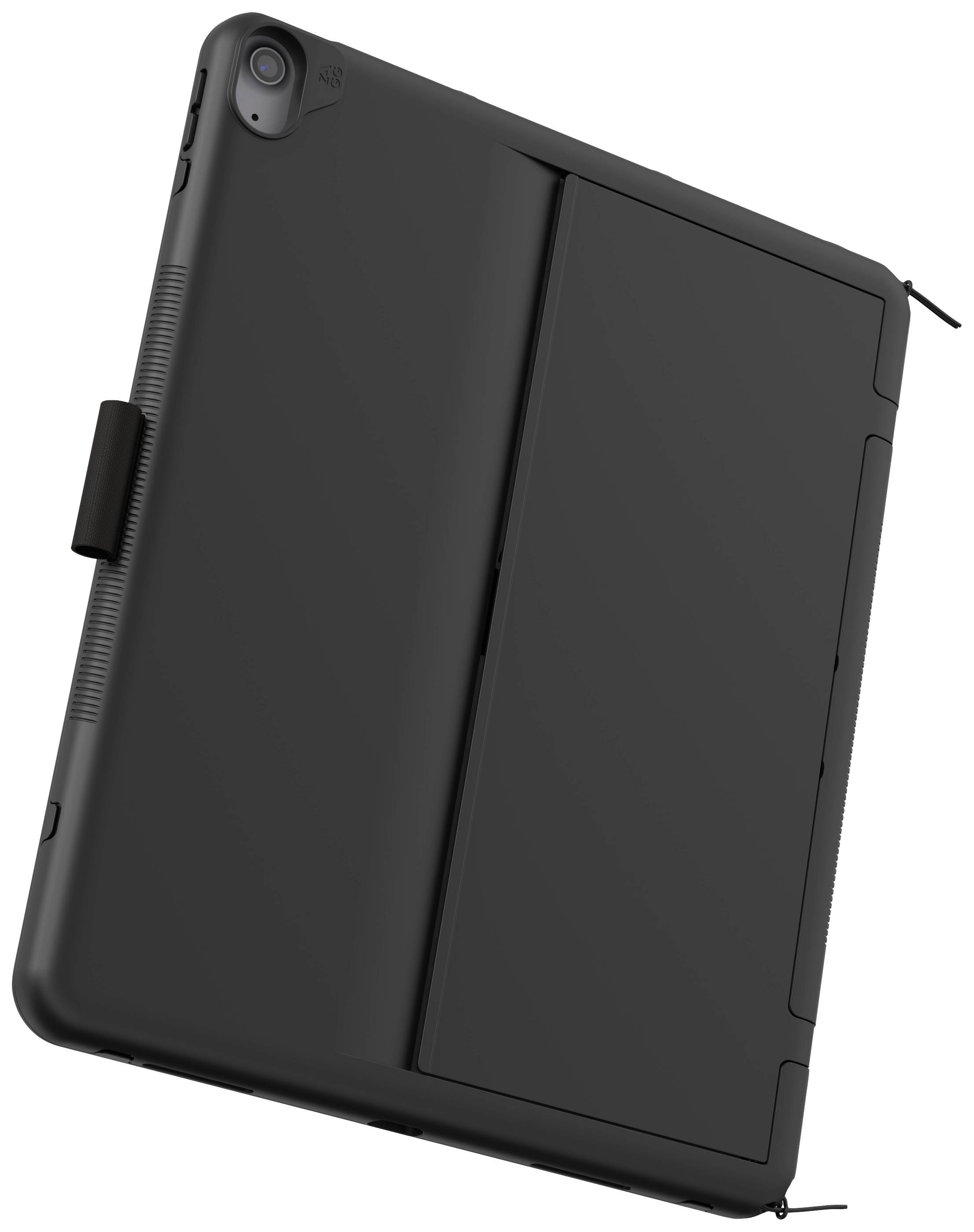 Tablette noire avec étui, vue de l'arrière en diagonale. Caméra visible en haut à gauche. Bord avec support sur le côté gauche.