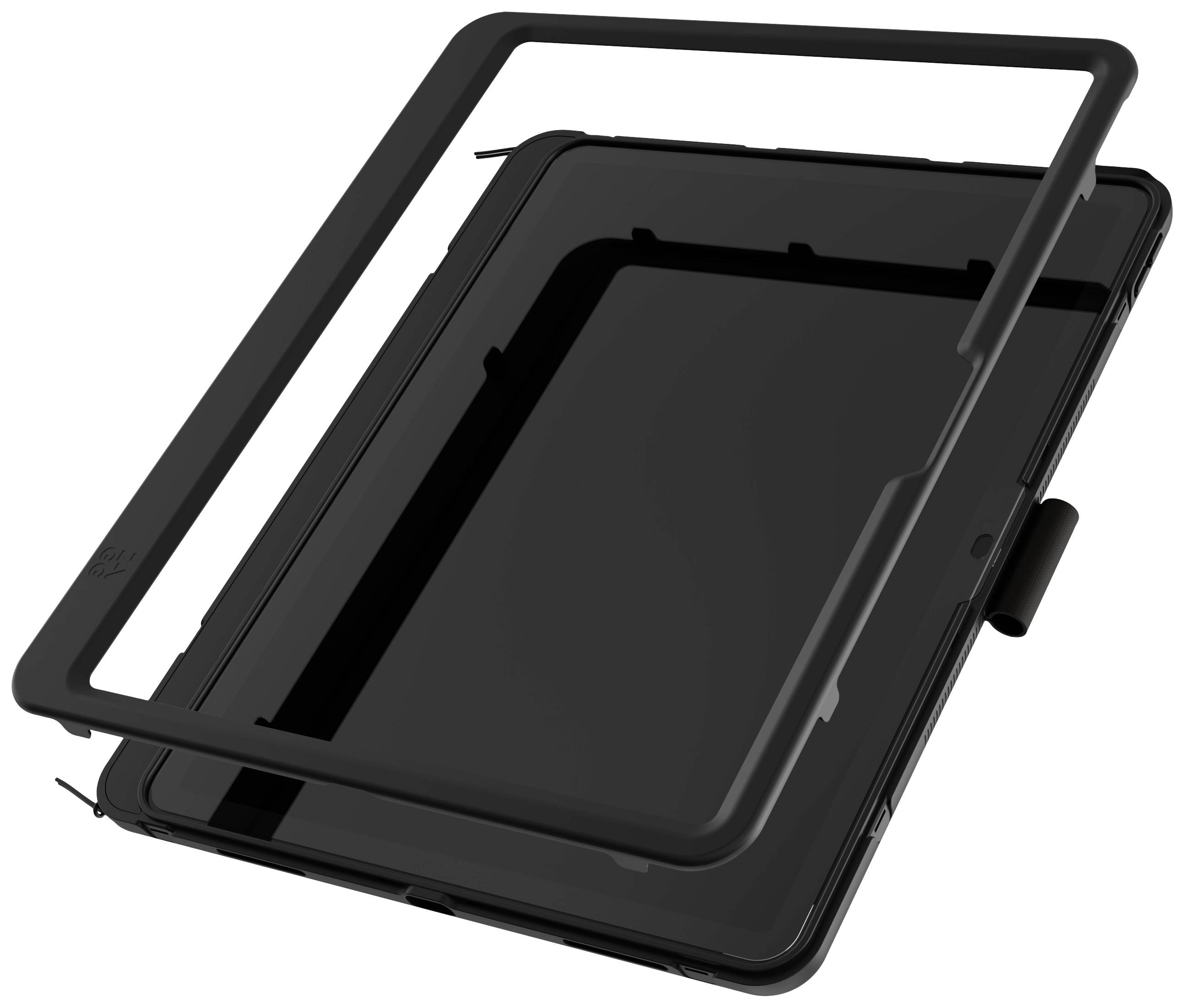 Étui noir pour tablette avec cadre amovible, adapté à un appareil rectangulaire. Protection pour les faces avant et arrière.