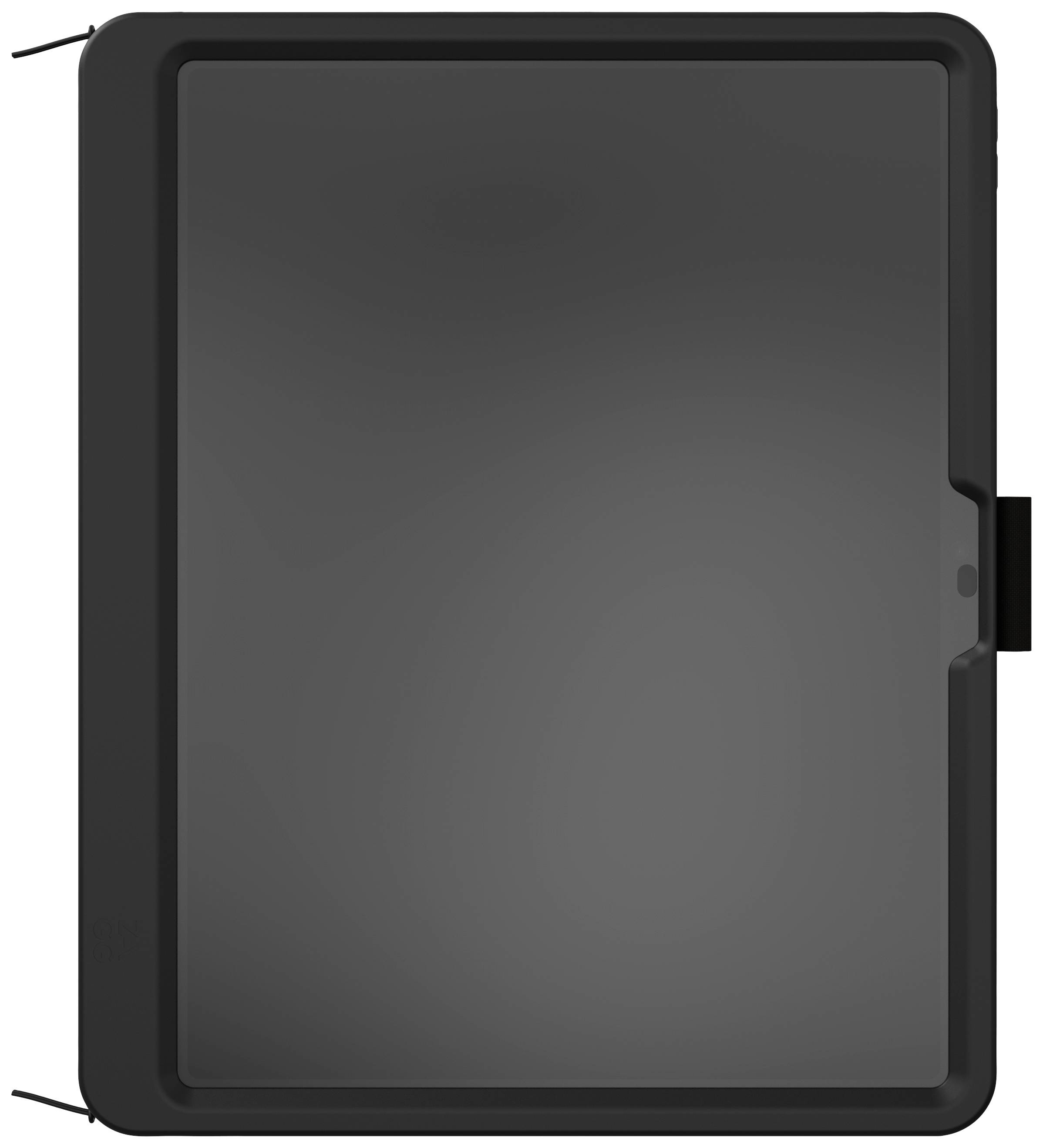 Un écran noir vide, probablement une tablette ou un écran, avec un cadre fin et une encoche centrale en haut de l'appareil.