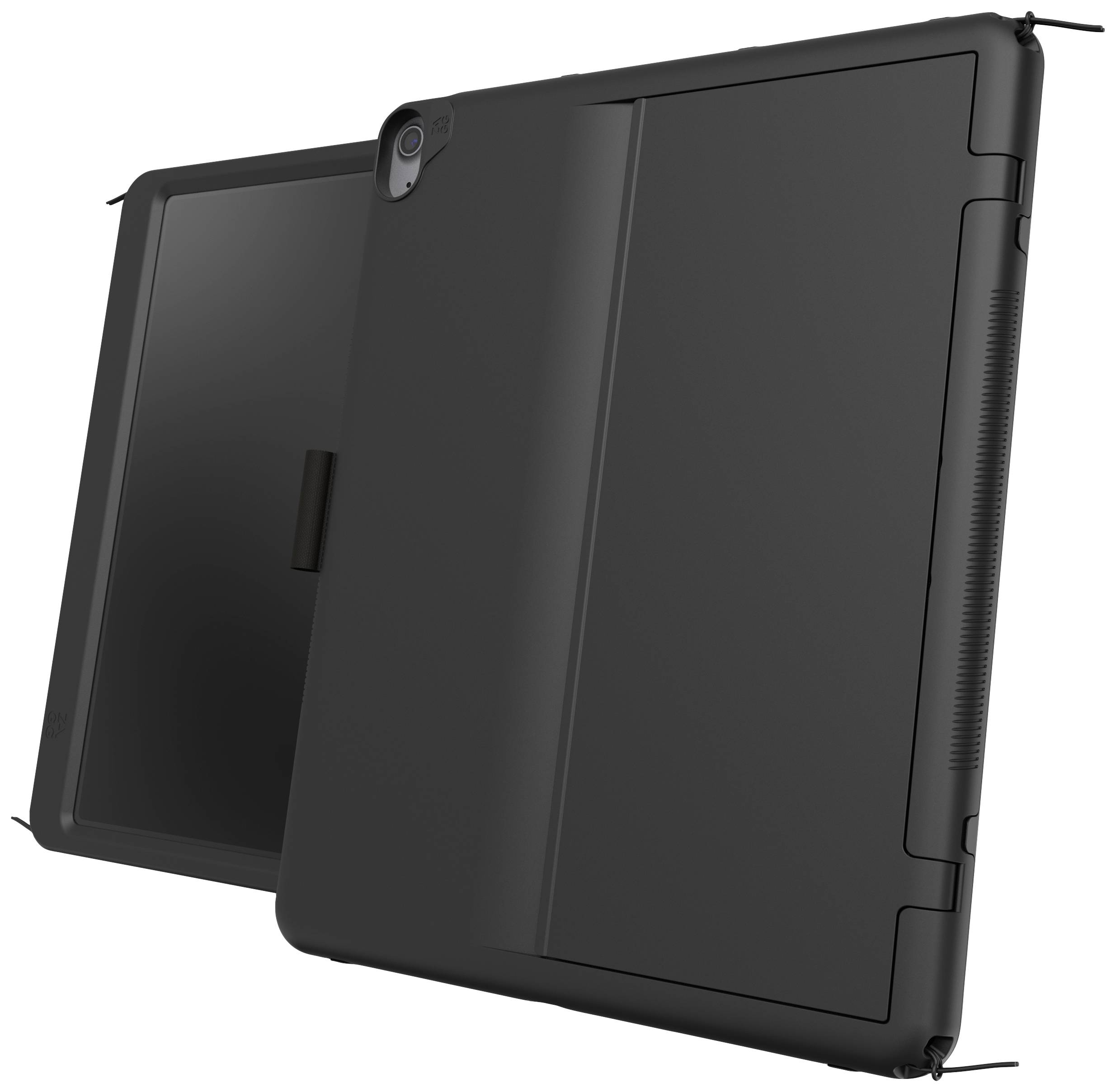 Deux étuis de protection noirs pour tablettes, l'un montrant la face avant, l'autre la face arrière. Modèles avec découpes pour l'appareil photo.