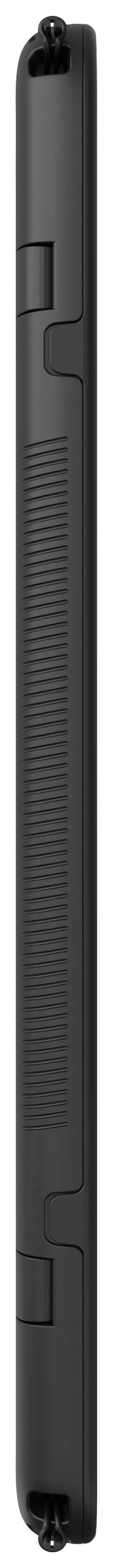 Vue latérale d'un smartphone pliable noir plié, mettant en évidence sa structure étroite et compacte.